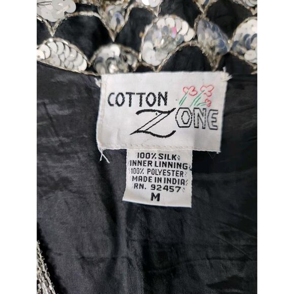 Vtg 80s COTTON ZONE India SILK Black Silver SEQUIN Fish Scale Pattern VEST M EUC - Picture 5 of 8